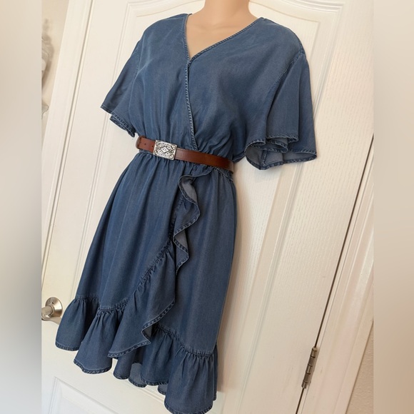 LC Lauren Conrad Blue Chambray Denim Ruffle Dress, Size S - Picture 3 of 12